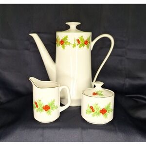 Schmidt Porcelain Coffee Tea Pot Christmas Holly Leaf Berry + other Cream Sugar
